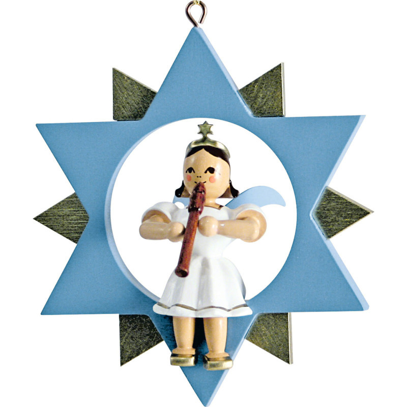 Kurzrockengel mit Blockflöte im Stern, farbig - 9 cm