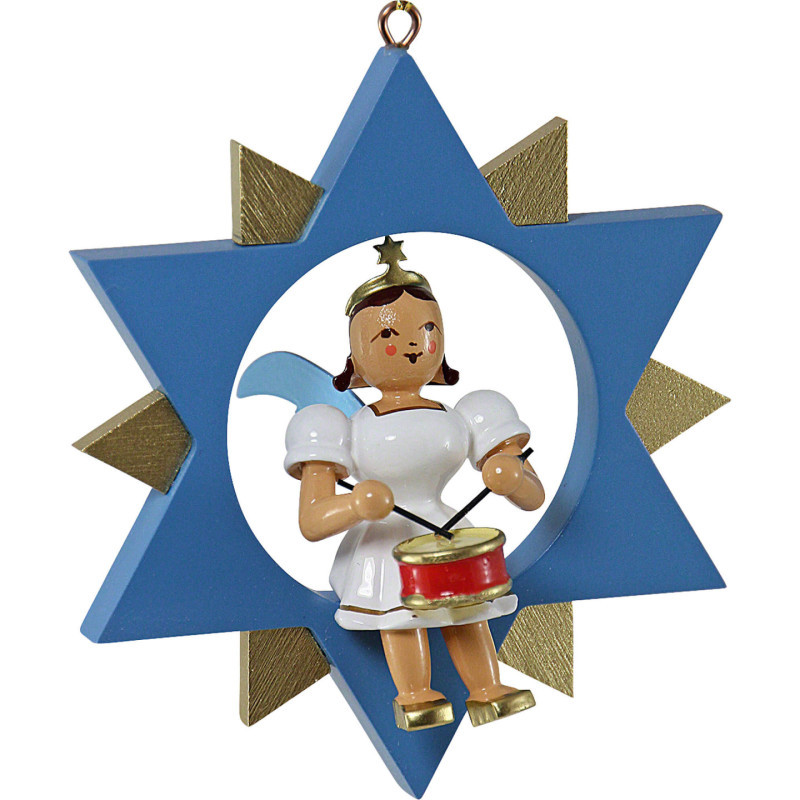 Short Skirt Angel with Drum in Star, Colored - 9 cm / 3.5 inch