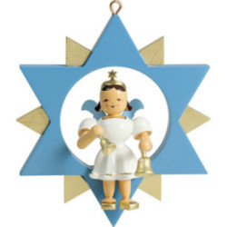 Kurzrockengel mit Glocken im Stern, farbig - 9 cm