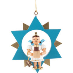 Kurzrockengel mit Geschenk im Stern, farbig - 9 cm