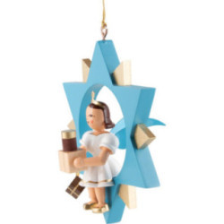 Kurzrockengel mit Geschenk im Stern, farbig - 9 cm