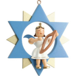 Kurzrockengel mit Leier im Stern, farbig - 9 cm