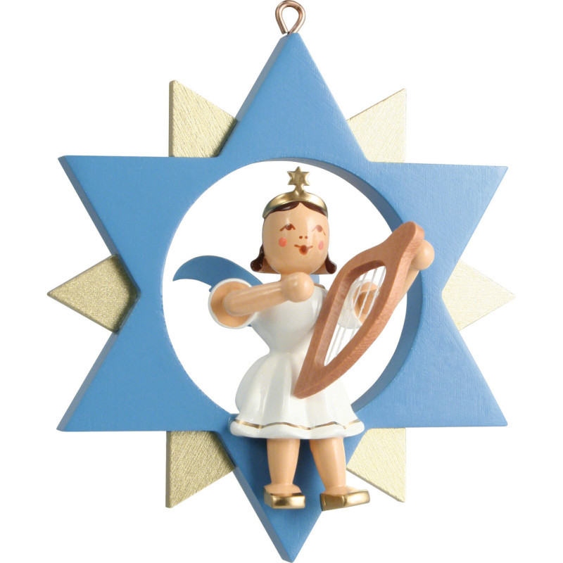 Short Skirt Angel with Lyre in Star, Colored - 9 cm / 3.5 inch