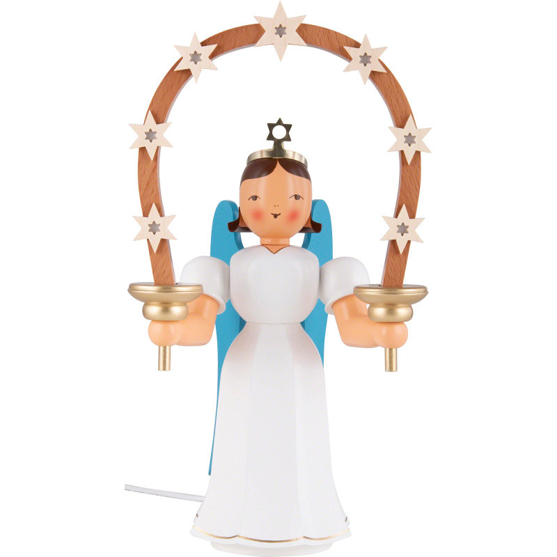 Faltenlangrockengel mit beleuchtetem Sternbogen, farbig - 27 cm