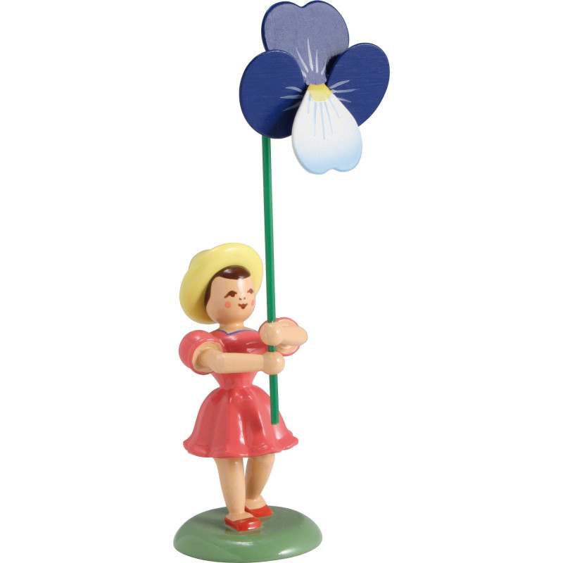 Blumenkind mit Stiefmütterchen, farbig - 12 cm