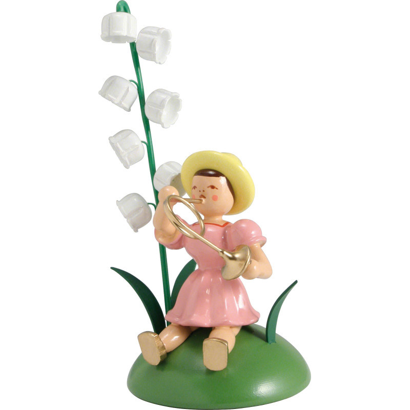 Blumenkind mit Maiglöckchen und Waldhorn sitzend - 12 cm