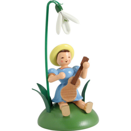 Blumenkind mit Schneeglöckchen und Gitarre sitzend - 12 cm