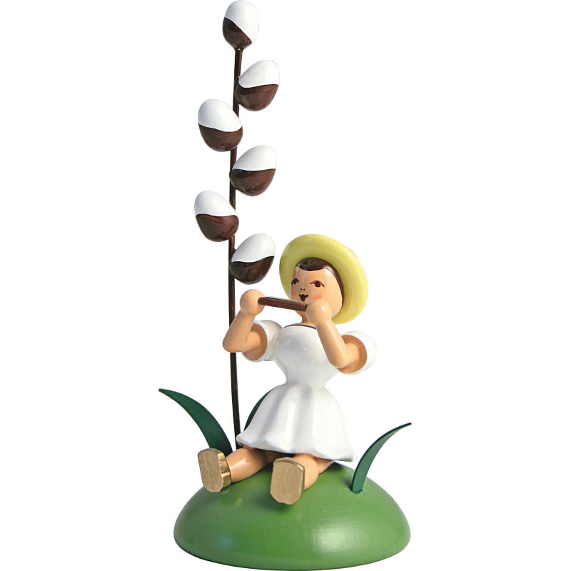 Flower Child with Willow Catkin and Mouth Organ Sitting - 12 cm / 4.7 inch