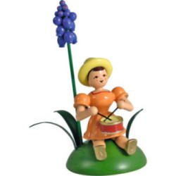 Flower Child with Grape Hyacinth and Drum Sitting - 12 cm / 4.7 inch