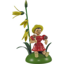 Blumenkind mit Forsythie und Rumbakugel sitzend - 12 cm