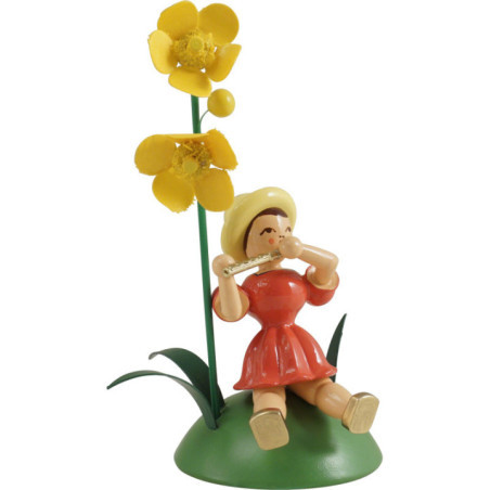 Blumenkind mit Butterblume und Piccoloflöte, sitzend, farbig - 11 cm