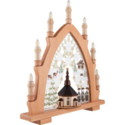 Schwibbogen Seiffener Kirche natur mit Plauener Spitze bunt - 41x45 cm