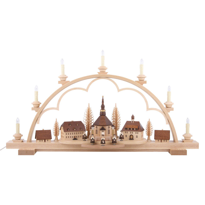 Candle Arch - Seiffen Village Natural Wood, 120V - 80x15x43 cm / 31.5x6x17 inch