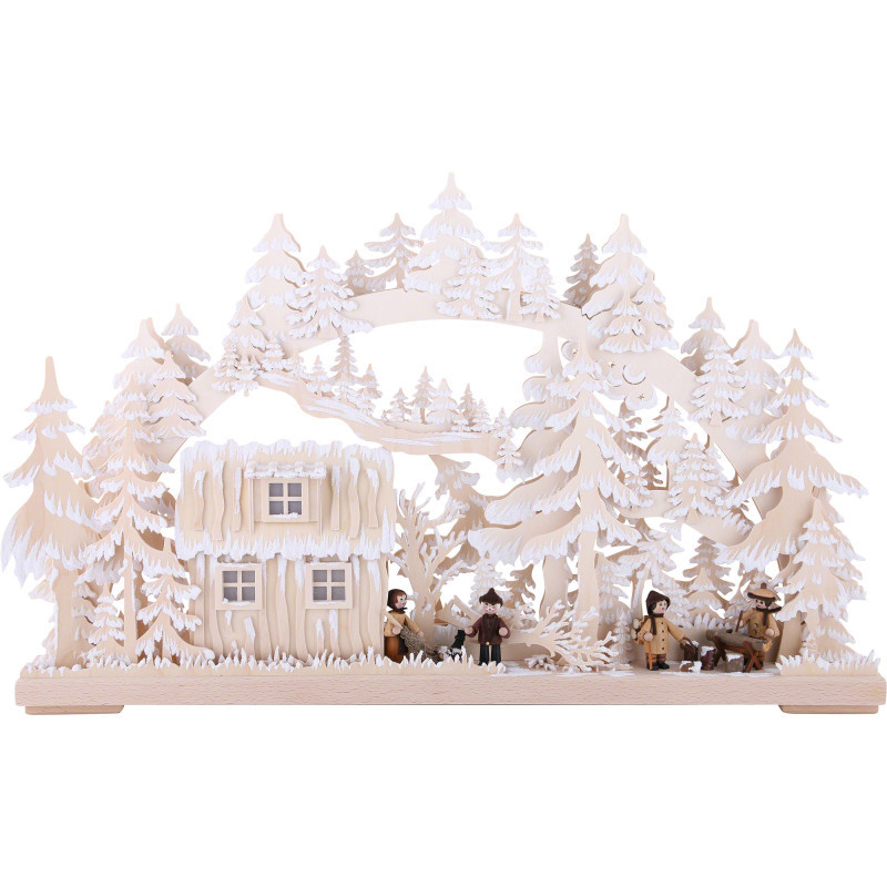 3D Double Arch - Forest Hut with Forest Workers and White Frost - 62x38x8 cm / 24x15x3 inch