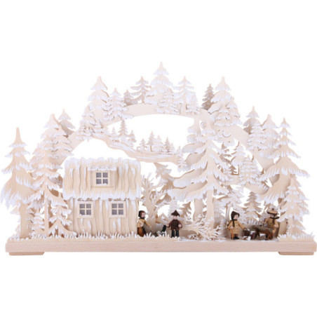 3D Double Arch - Forest Hut with Forest Workers and White Frost - 62x38x8 cm / 24x15x3 inch