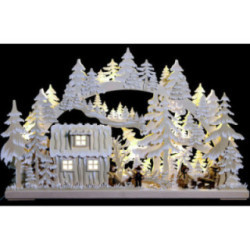 3D-Schwibbogen Blockhütte mit Waldarbeitern und Raureif - 62x38x8 cm