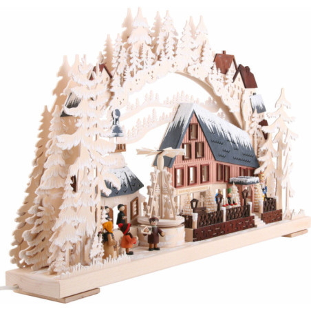 Schwibbogen Pyramidenhaus mit Raureif und drehender Pyramide - 72x43 cm