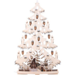 Lichterspitze Tannenbaum mit Waldhütte und Raureif - 44x67x9 cm