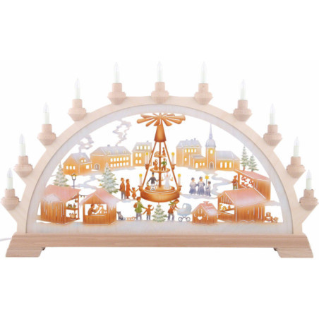 Schwibbogen Weihnachtsmarkt mit Pyramide, farbig - 65x40 cm