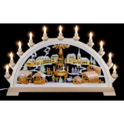 Schwibbogen Weihnachtsmarkt mit Pyramide, farbig - 65x40 cm