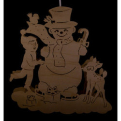 Fensterbild Schneemann mit Kind und Kitz - 33 cm