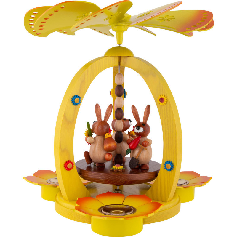 1-Tier Easter Pyramid Yellow with three Bunnies - 30 cm / 11.8 inch