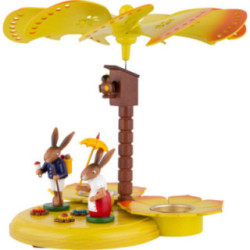 1-stöckige Osterpyramide bunt mit zwei Hasen mit Schirm und Kiepe - 20 cm