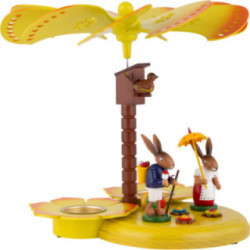 1-Tier Easter Pyramid Yellow with two Bunnies with Pannier and Umbrella - 20 cm / 7.9 inch