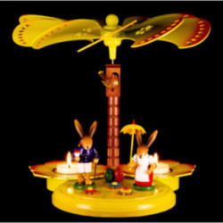 1-Tier Easter Pyramid Yellow with two Bunnies with Pannier and Umbrella - 20 cm / 7.9 inch