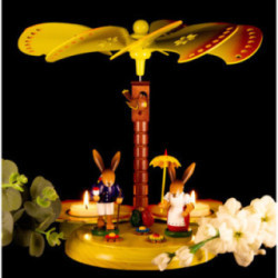 1-Tier Easter Pyramid Yellow with two Bunnies with Pannier and Umbrella - 20 cm / 7.9 inch
