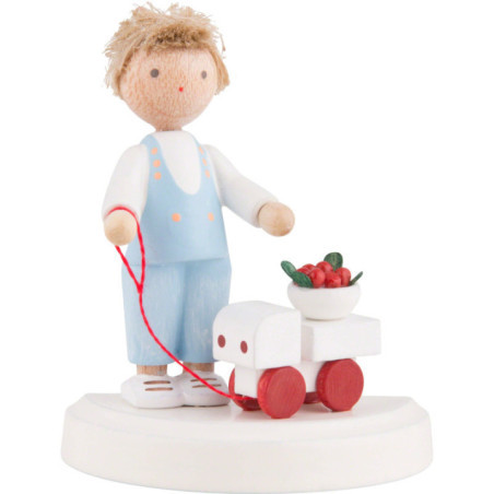 Flachshaarkinder Kleiner Junge mit Auto und Kirschen - 5 cm