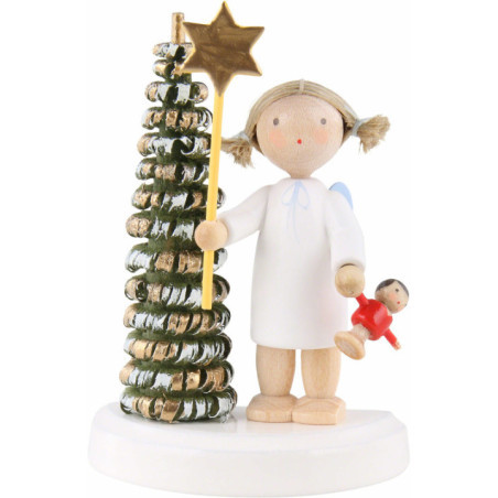 Flax Haired Angel at the Christmas Tree with Star and Doll - 5 cm / 2 inch