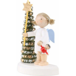 Flax Haired Angel at the Christmas Tree with Star and Doll - 5 cm / 2 inch