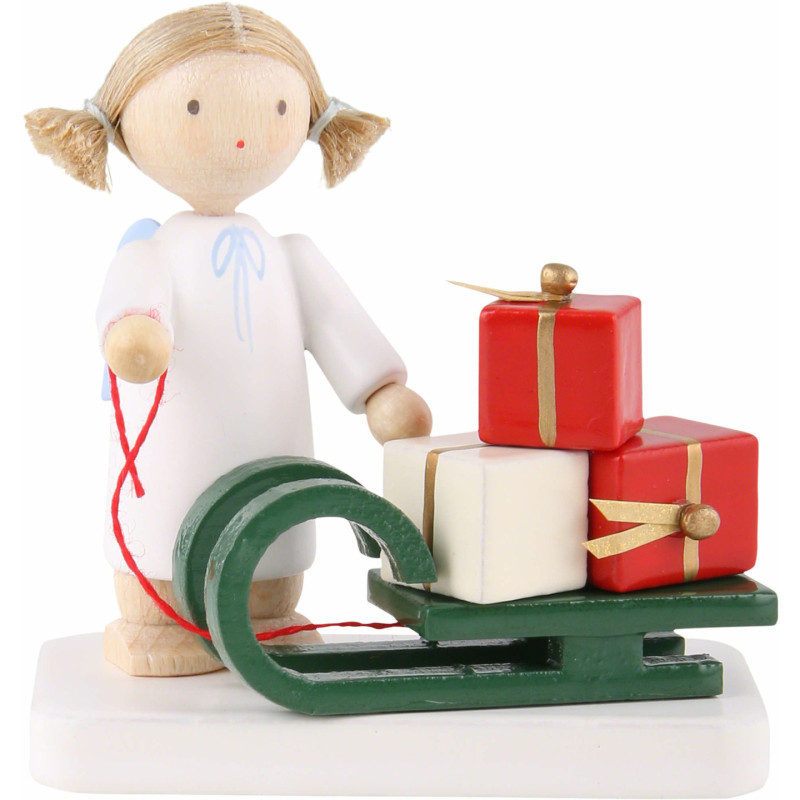 Flachshaarengel mit Weihnachtsschlitten - 5 cm