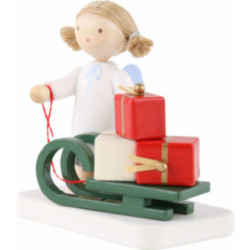 Flachshaarengel mit Weihnachtsschlitten - 5 cm
