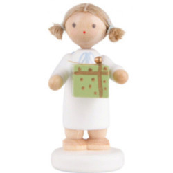 Flax Haired Angel with Christmas Gift, Green - 5 cm / 2 inch