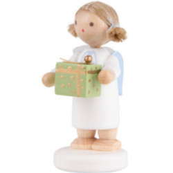 Flax Haired Angel with Christmas Gift, Green - 5 cm / 2 inch