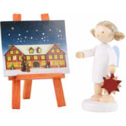 Flachshaarengel mit Adventsstern und -kalender - 5 cm