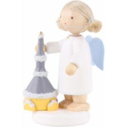 Flachshaarengel mit Seiffener Kirche - 5 cm