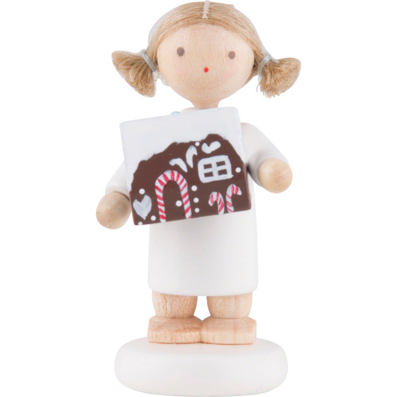 Flax Haired Angel with Gingerbread House - 5 cm / 2 inch