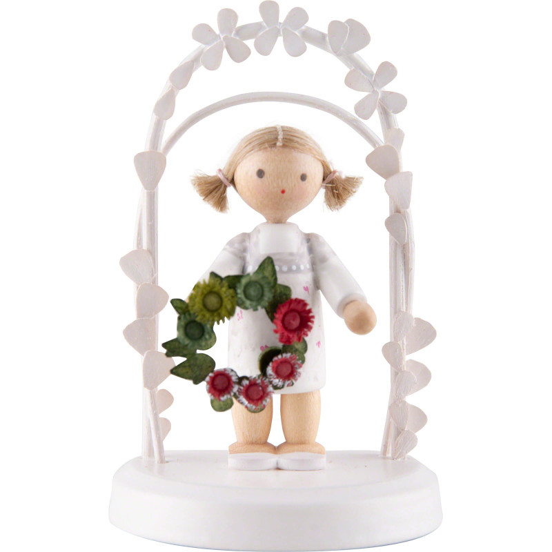 Flachshaarkinder Geburtstagskind mit Blumenkranz, grün / rot - 7,5 cm
