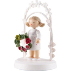 Flachshaarkinder Geburtstagskind mit Blumenkranz, grün / rot - 7,5 cm