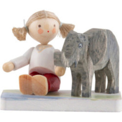 Flax Haired Children Girl with Baby Elephant - 3,5 cm / 1.4 inch