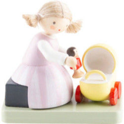 Flachshaarkinder Mädchen mit Puppe und Puppenwagen - 4,1 cm