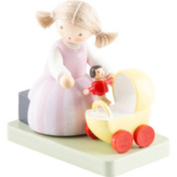 Flachshaarkinder Mädchen mit Puppe und Puppenwagen - 4,1 cm