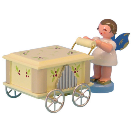 Angel with Hand Organ with Musical Mechanism - Blue Wings - Standing - 6 cm / 2,3 inch