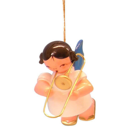 Christbaumschmuck Engel mit Posaune - Blaue Flügel - schwebend - 5,5 cm