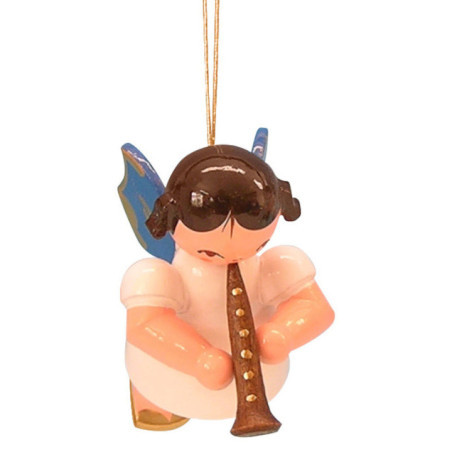 Christbaumschmuck Engel mit Klarinette - Blaue Flügel - schwebend - 5,5 cm