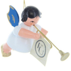 Tree Ornament - Angel with Fanfare - Blue Wings - Floating - 5,5 cm / 2.2 inch