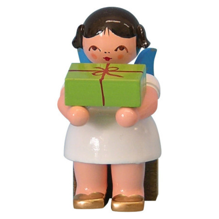 Angel with Gift - Blue Wings - Sitting - 6 cm / 2,3 inch